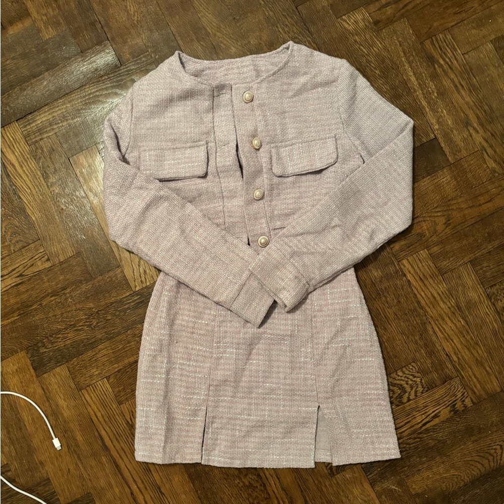 Purple plaid work skirt blazer set with pearl buttons